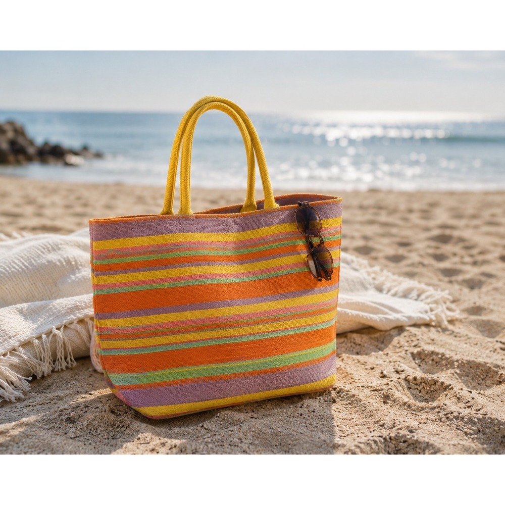 Womens Multicolor Striped Beach Tote Bag Boho Woven Canvas‎ Pool Shoulder Bag